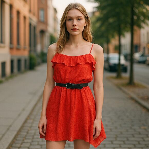 Emerald Sundae Womens Juniors Dress Size‎ Small with Belt Orange Lace Strappy - Picture 2 of 7